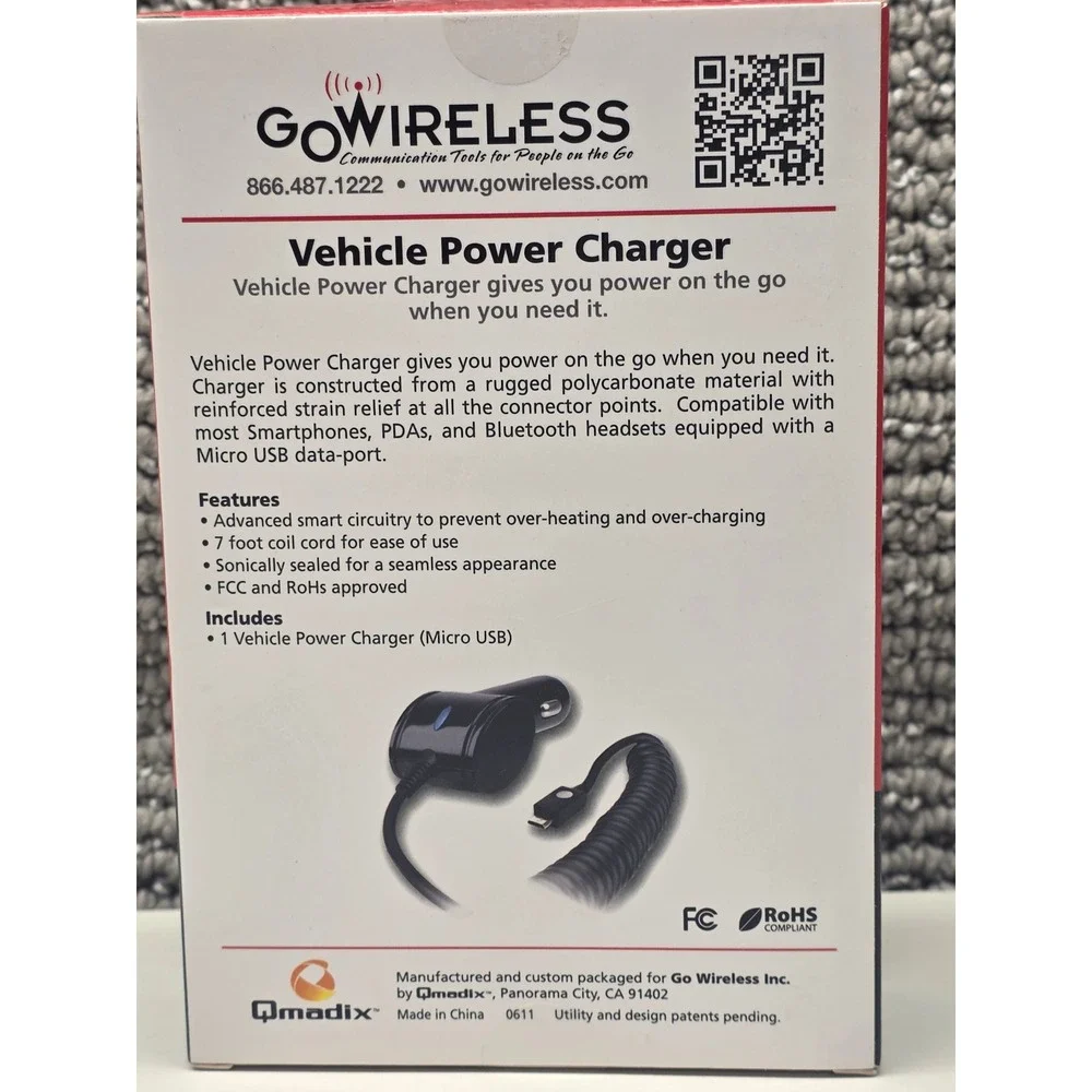 Qmadix GoWireless Micro USB Vehicle Power Car Charger 1 Amp 7ft Coil Cord Black